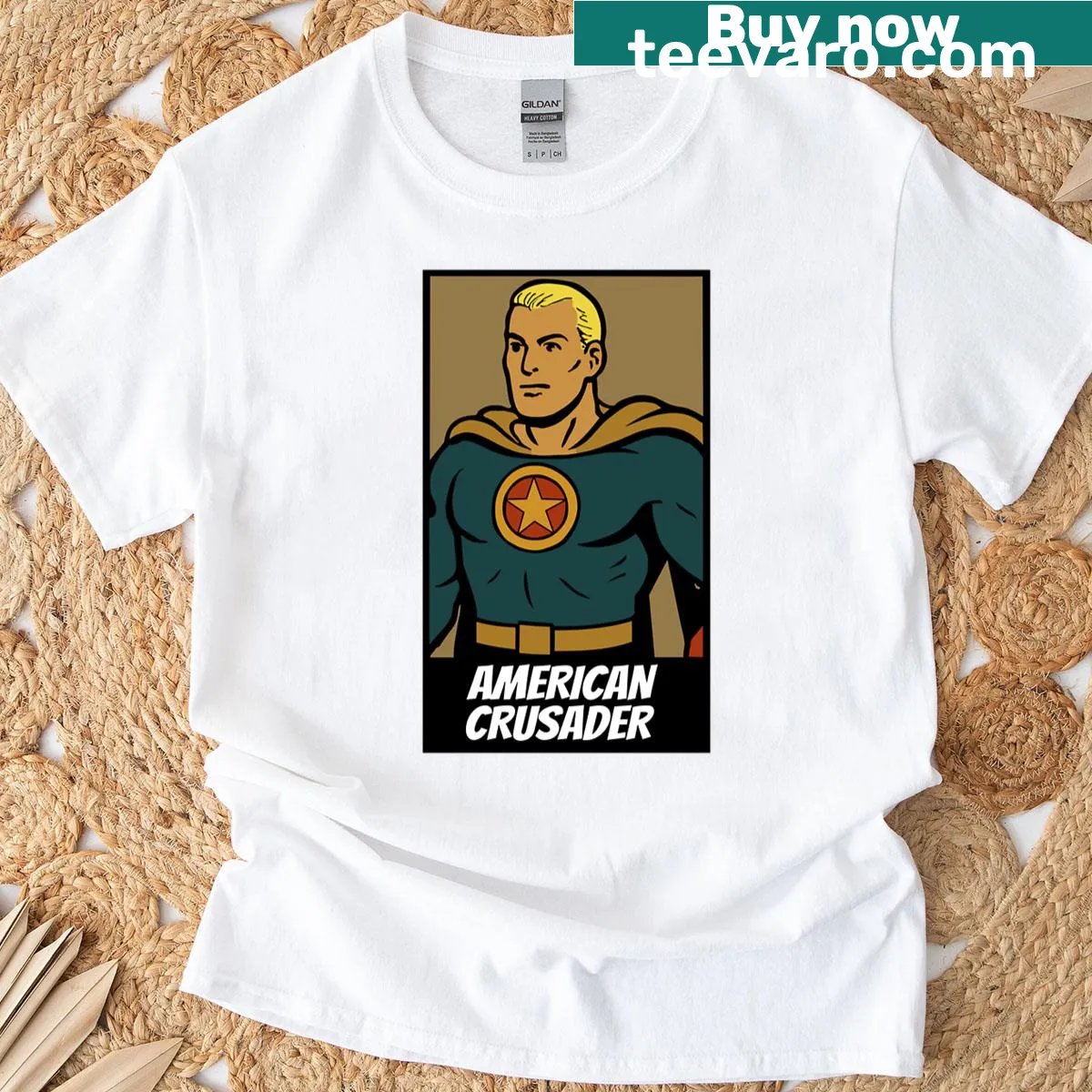American Crusader graphic representing vintage superhero culture. — on a men's t-shirt