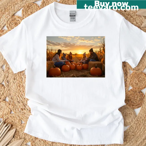 Illustration of a pumpkin patch at golden hour on a t-shirt