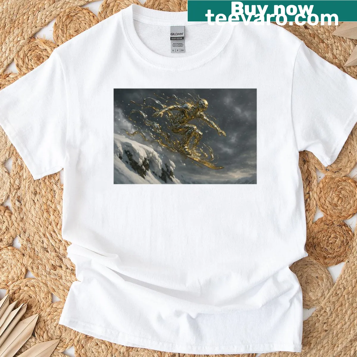Illustrative T-shirt featuring a snowboarder in action — on a men's t-shirt