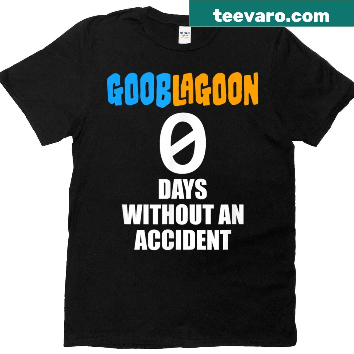 Humorous T-shirt with '0 Days Without An Accident' slogan from Goob Lagoon — on a men's t-shirt