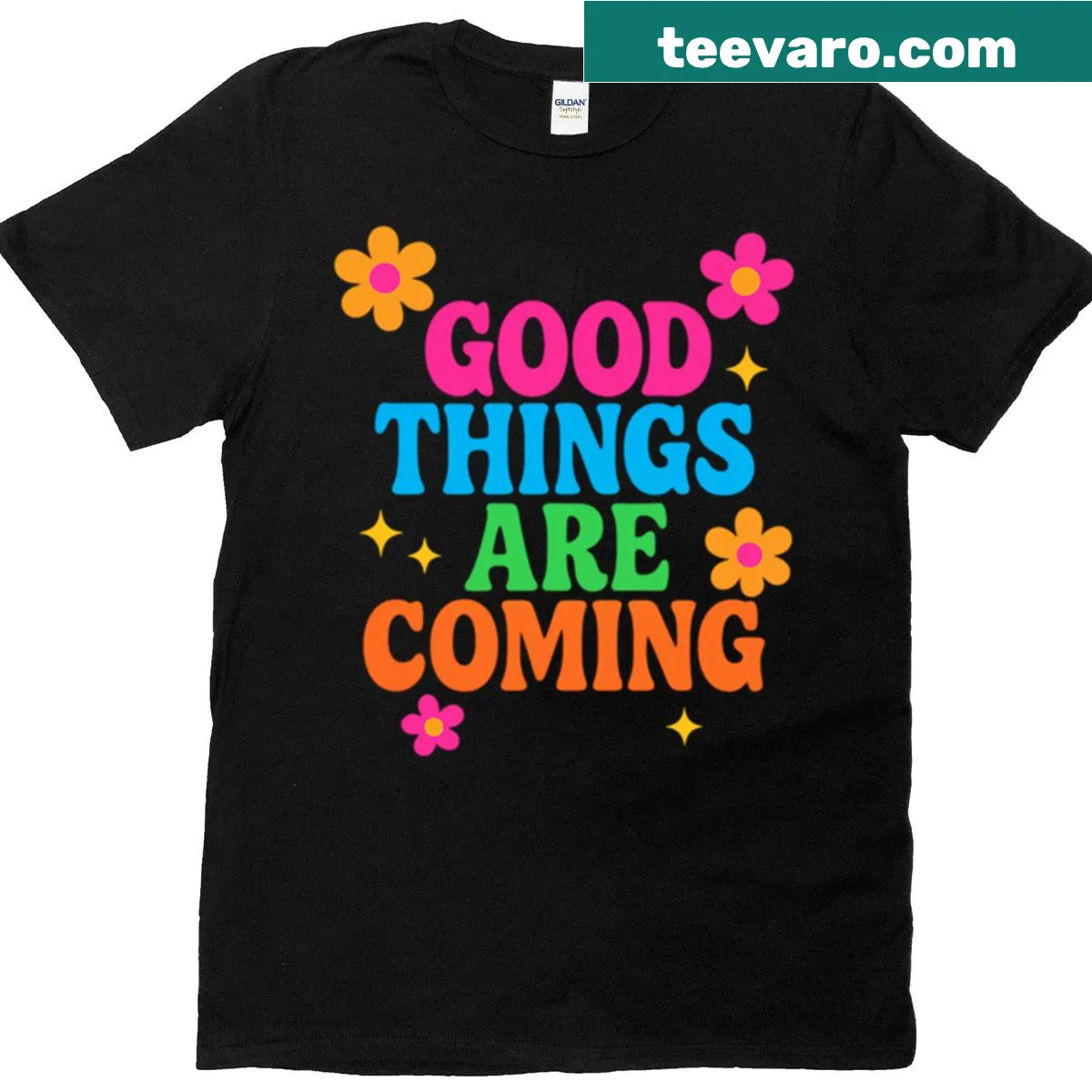 Pastel yellow t-shirt with retro neon text 'Good Things Are Coming' — on a men's t-shirt