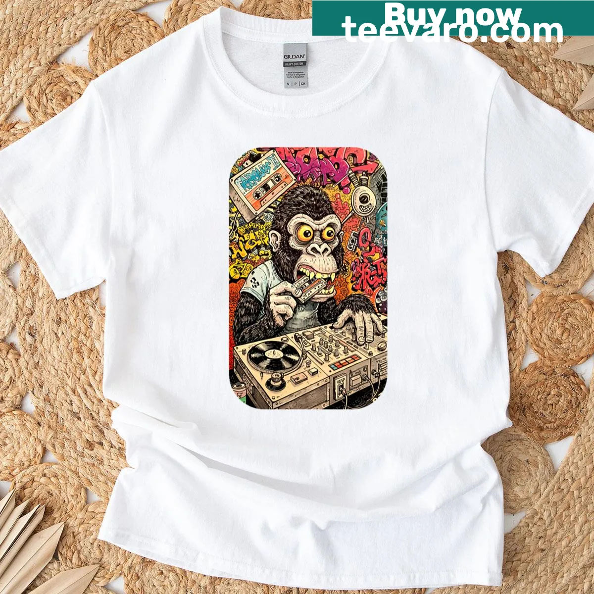 Vintage-inspired t-shirt featuring DJ graphics and gorilla design — on a men's t-shirt