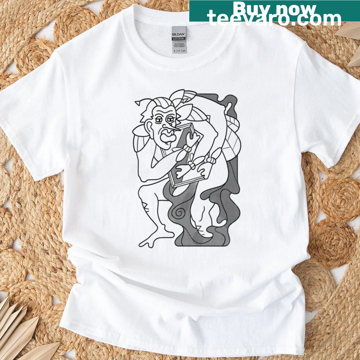 T-shirt featuring an illustration of Gregor Samsa holding a picture — on a men's t-shirt