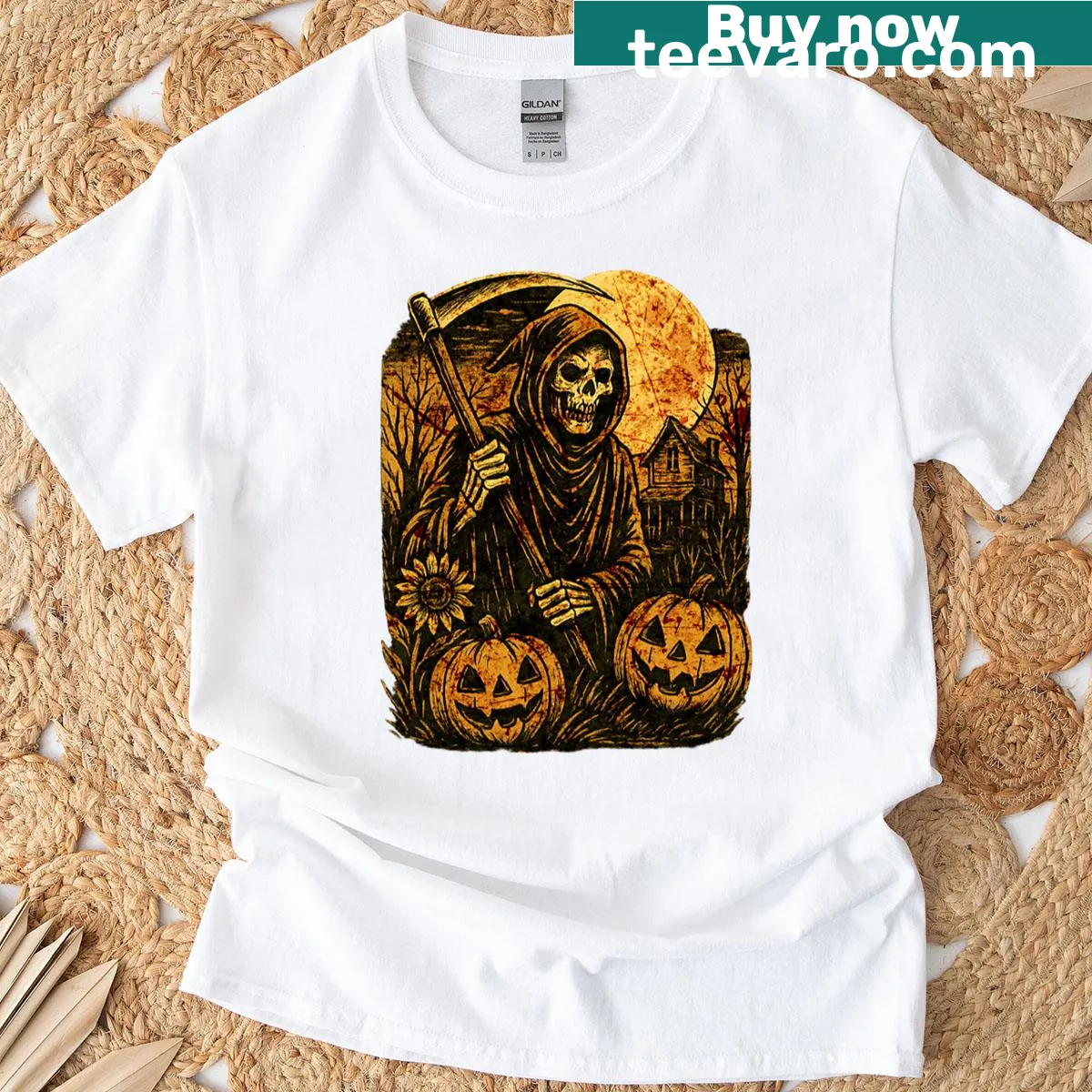 Oversized vintage horror art T-shirt featuring the Grim Reaper — on a men's t-shirt