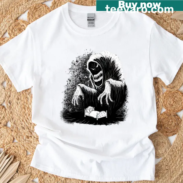 Graphic of Grim Reaper watching over a sleeping child.