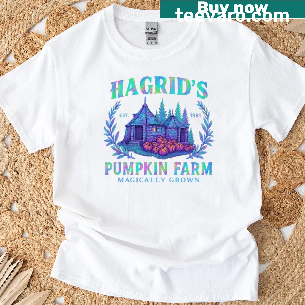 Vintage-inspired Halloween t-shirt with a pumpkin farm theme — on a men's t-shirt