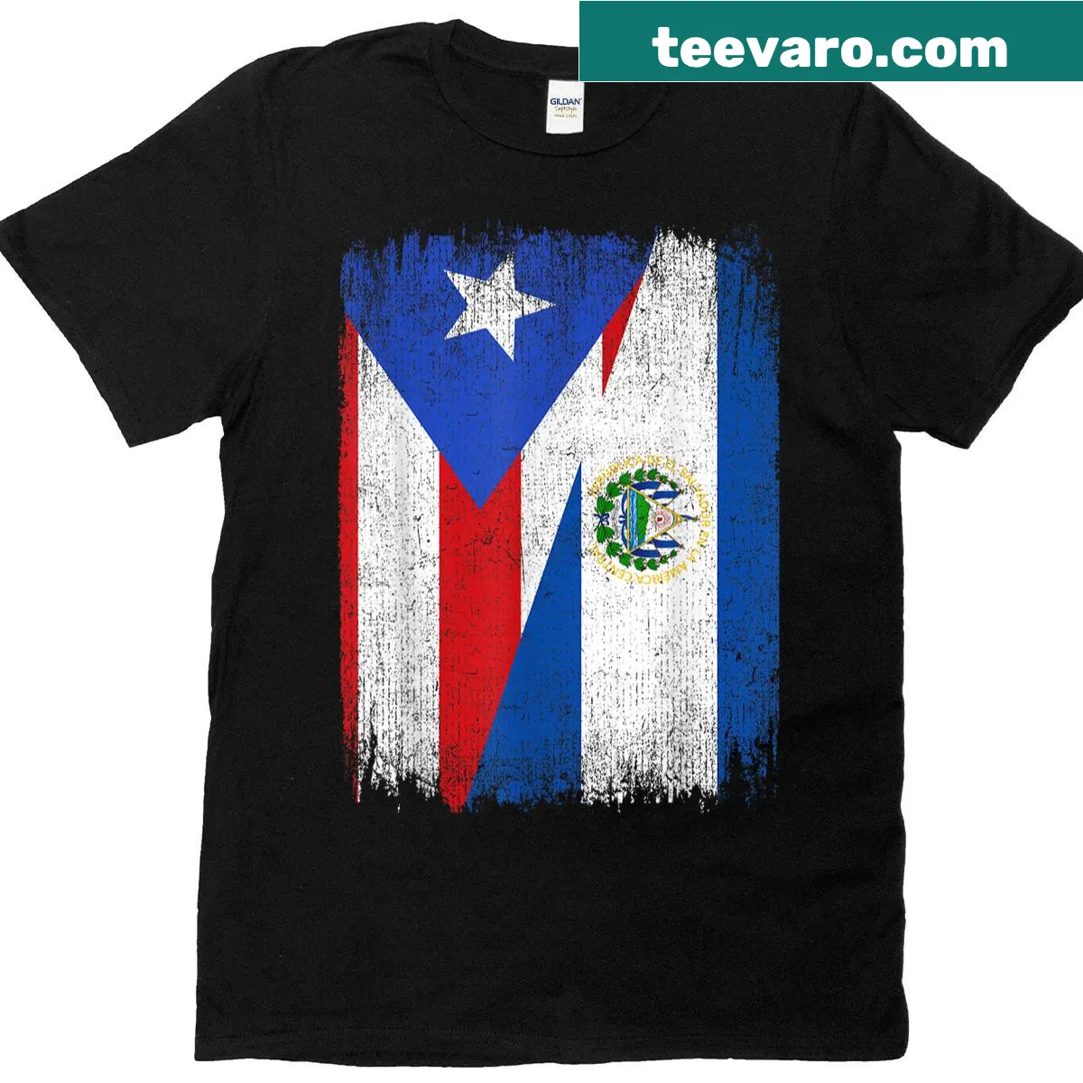 T-shirt featuring half Puerto Rican and half El Salvadoran flag — on a men's t-shirt
