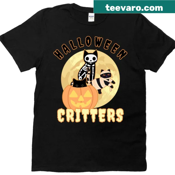 Whimsical Halloween critters illustration t-shirt with various playful creatures