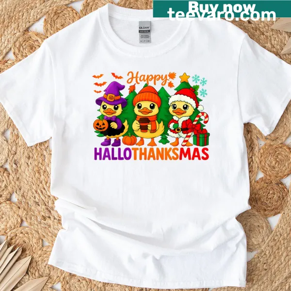 Funny holiday t-shirt featuring 'Halloween Happy Hallothanksmas Goose'