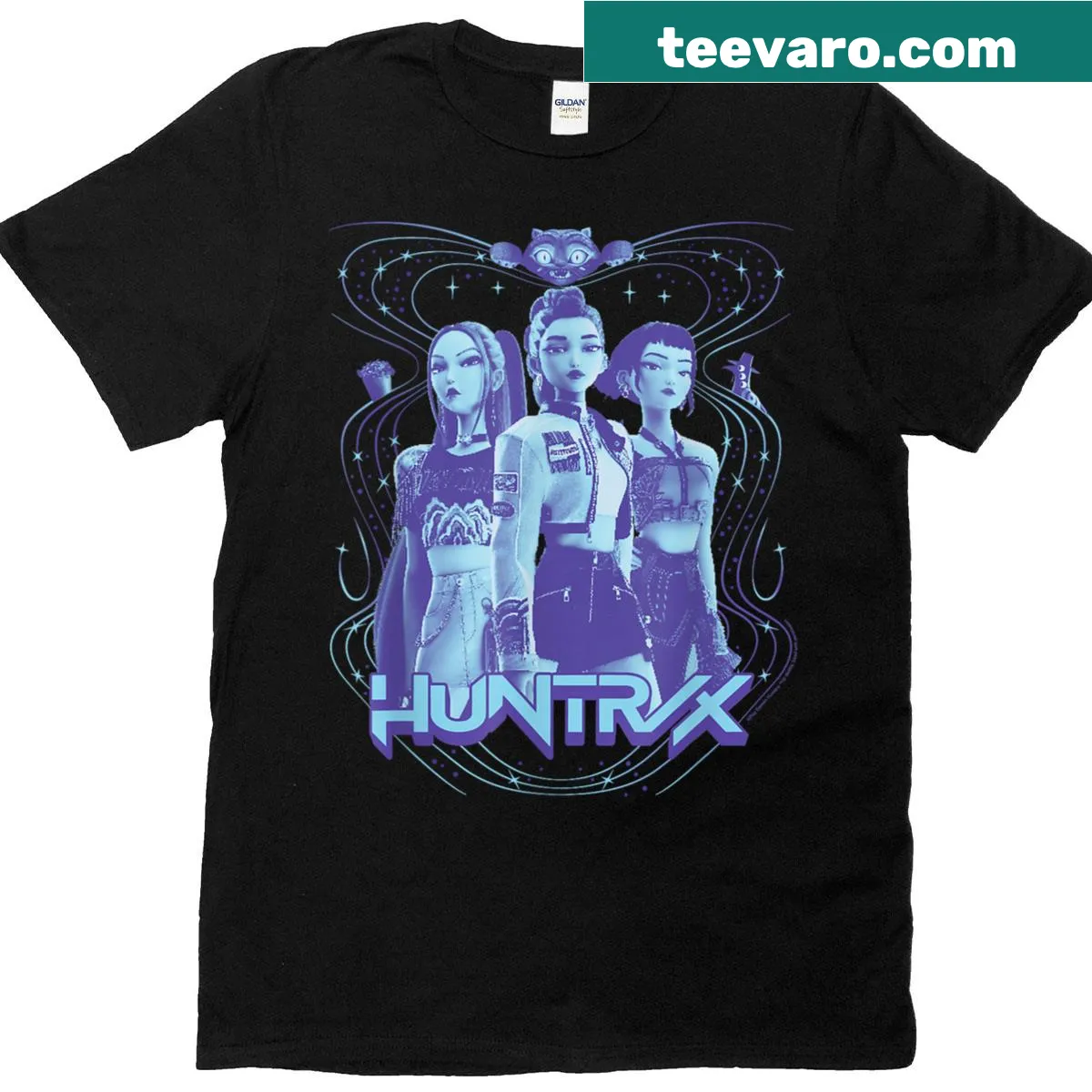 Distressed poster design Halloween Huntrix t-shirt — on a men's t-shirt