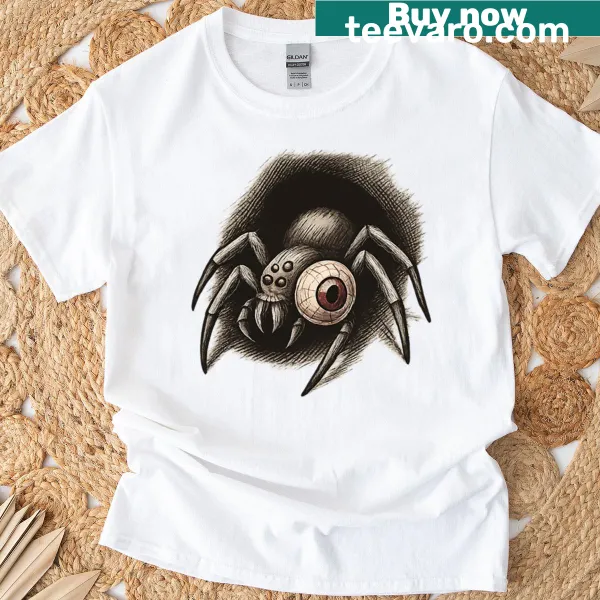 Vintage etching of a spider with bloodshot eyes on a t-shirt