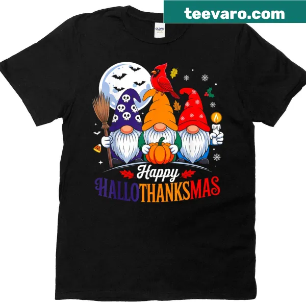 Whimsical gnomes celebrating Halloween, Thanksgiving, and Christmas on a t-shirt.