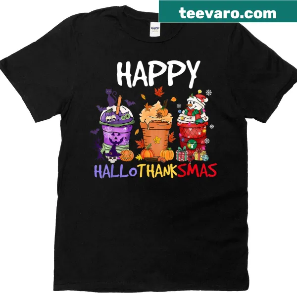 Hallothanksmas themed T-shirt with coffee and holiday graphics