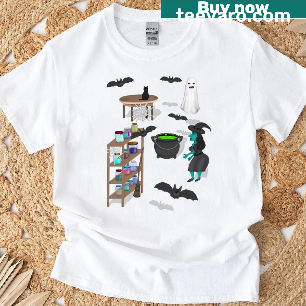 T-shirt featuring a witch graphic for Halloween — on a men's t-shirt