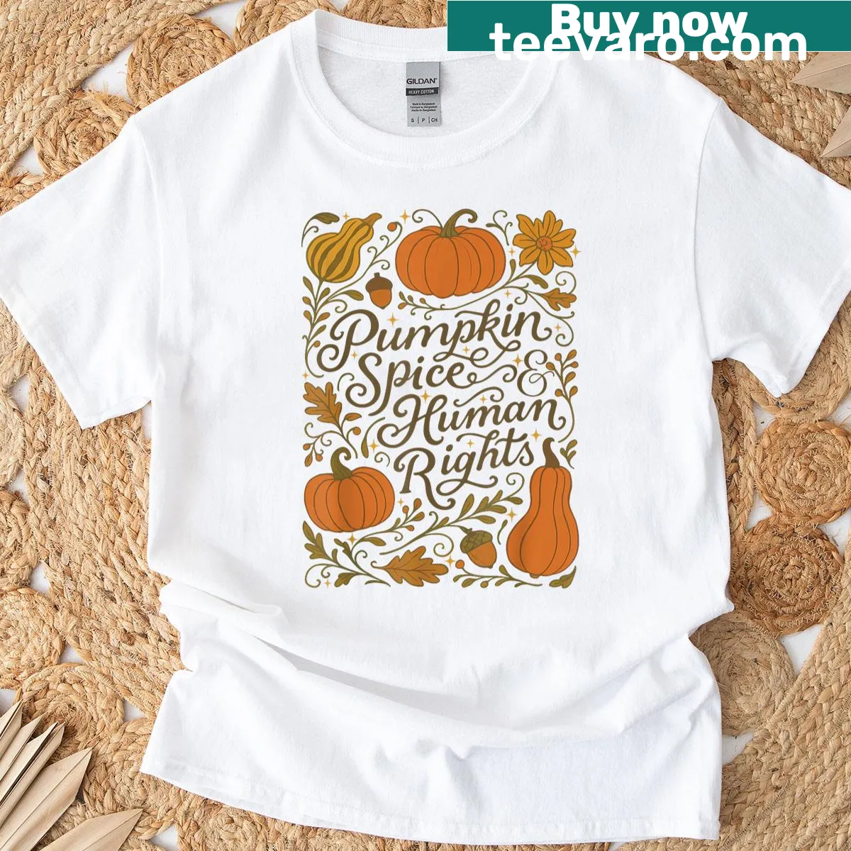 Cartoon-style shirt with pumpkin graphics and feminist message — on a men's t-shirt