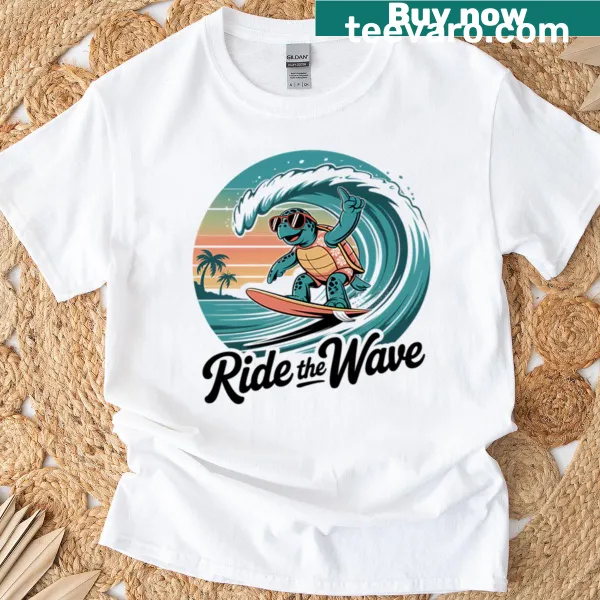 Cartoon of a surfing turtle in a party scene on a T-shirt