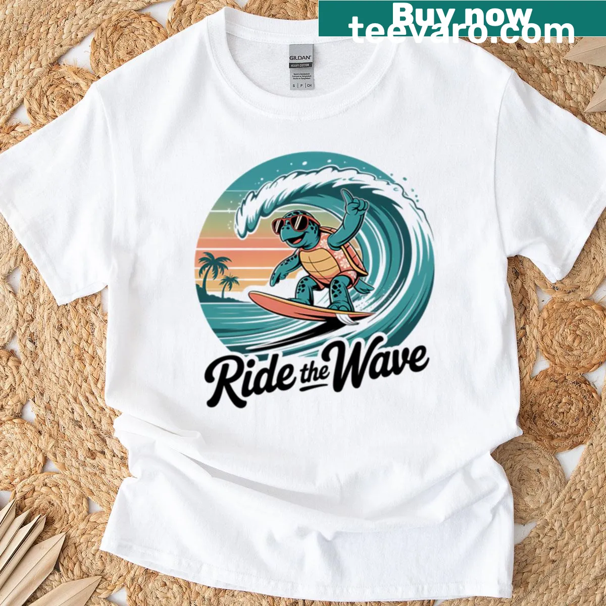 Cartoon of a surfing turtle in a party scene on a T-shirt — on a men's t-shirt