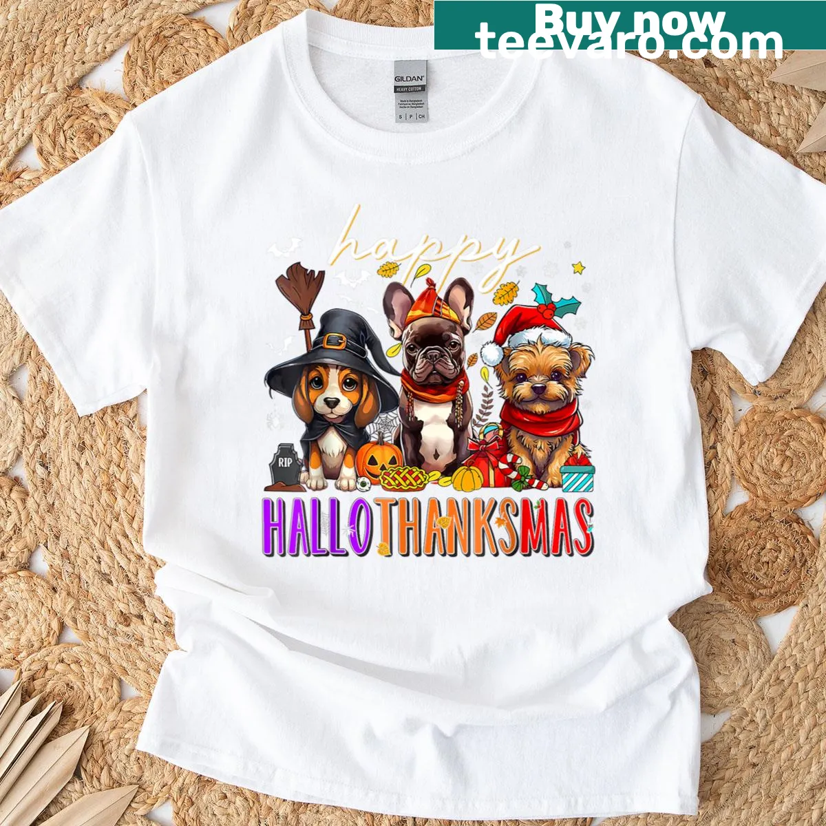 Cartoon dog shirt celebrating Halloween, Thanksgiving, and Christmas — on a men's t-shirt