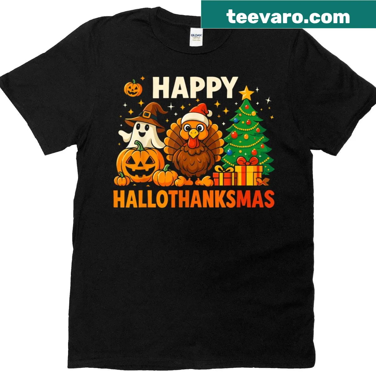 Typography design celebrating Hallothanksmas holidays — on a men's t-shirt
