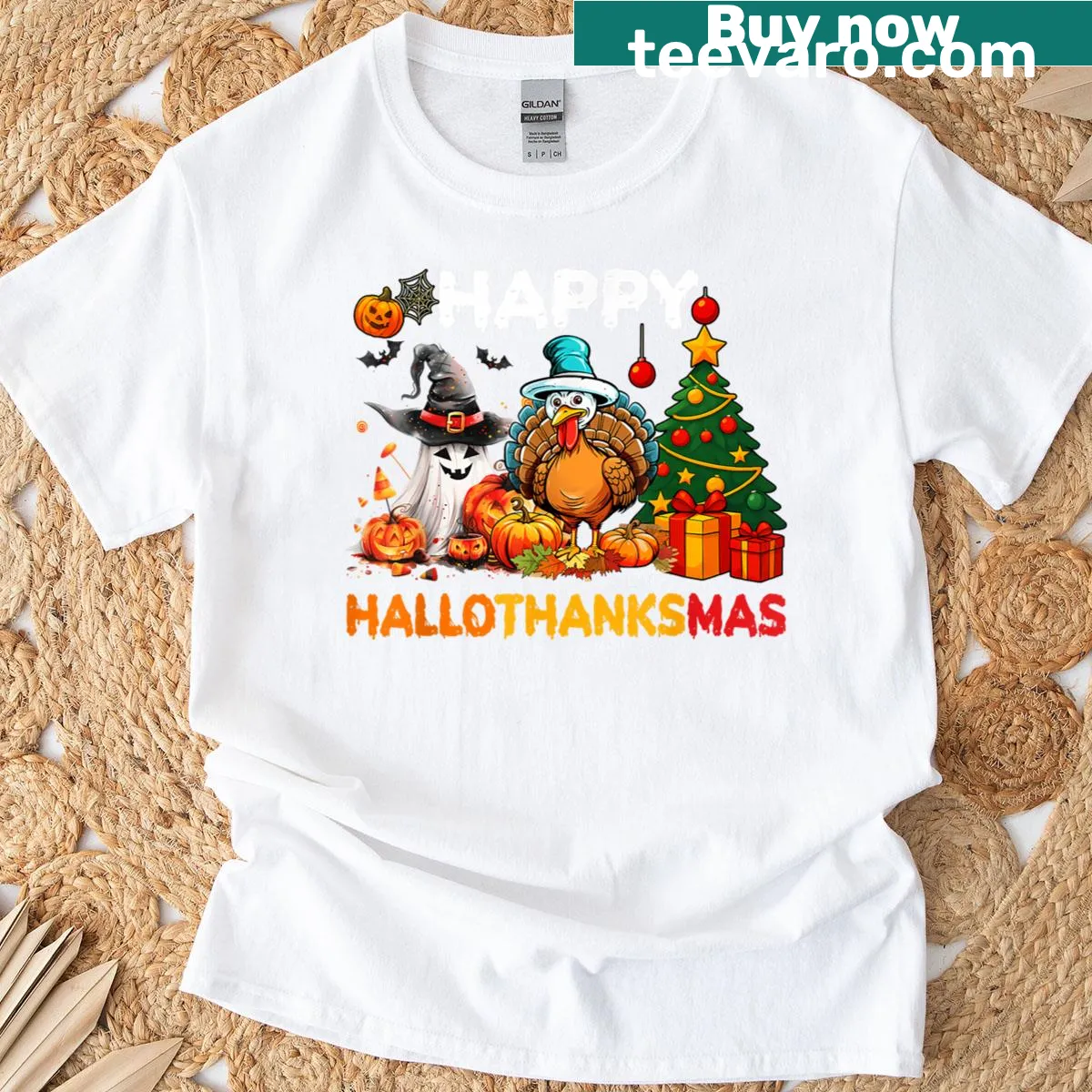 Festive t-shirt featuring 'Happy Hallothanksmas' design — on a men's t-shirt