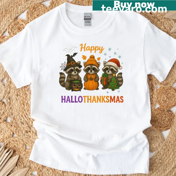 Cartoon raccoon design celebrating Hallothanksmas