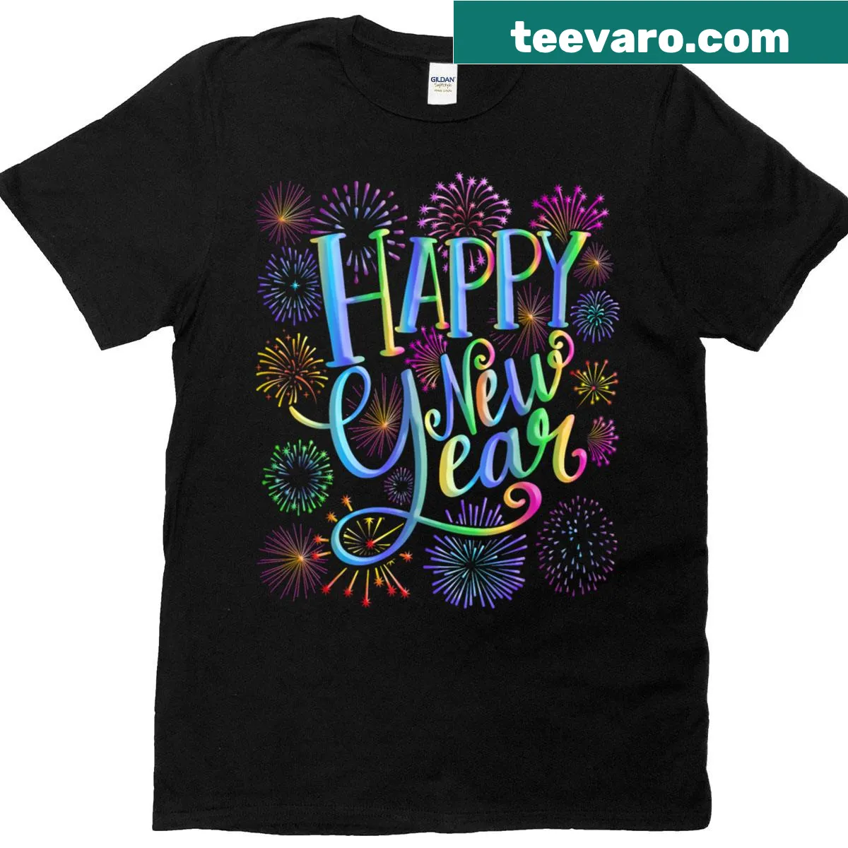 T-shirt with Happy New Year 2026 fireworks design — on a men's t-shirt