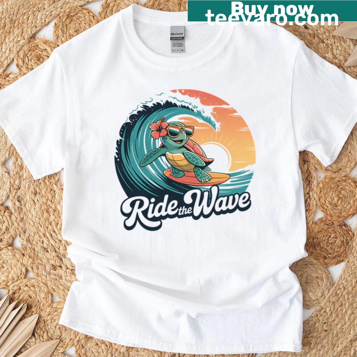 Graphic t-shirt with a surfing turtle and good vibes theme — on a men's t-shirt