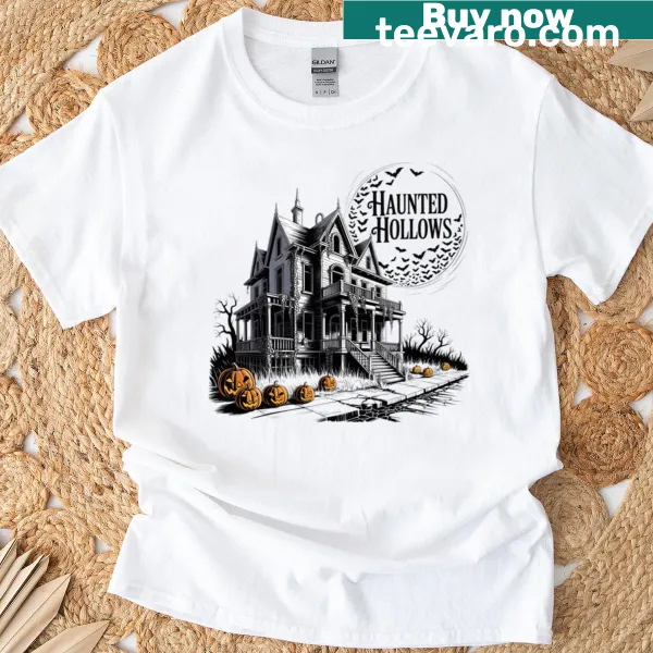 Oversized Haunted Hollows t-shirt with ghostly illustration for Halloween