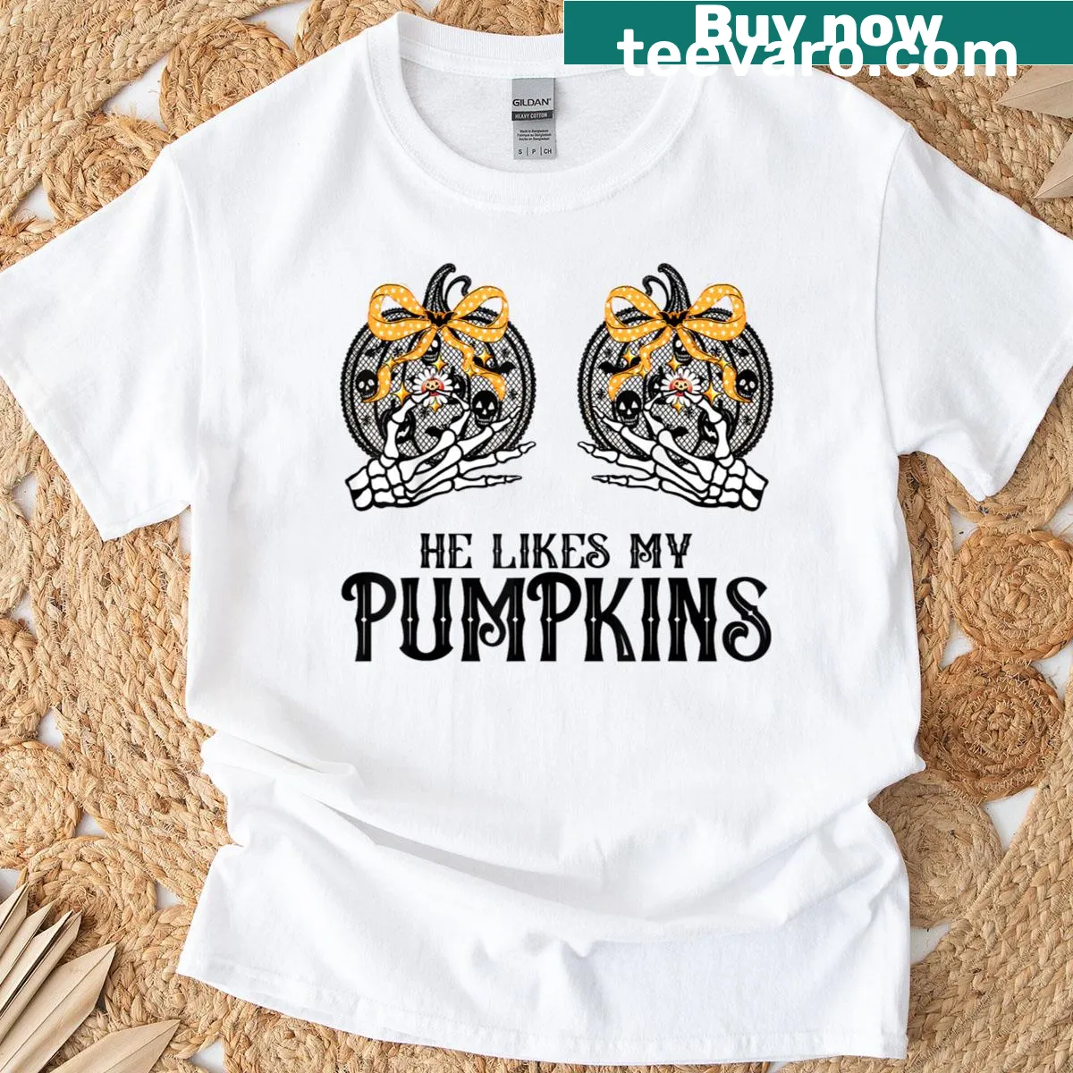 Couples Halloween t-shirt with humorous pumpkin and broomstick graphic — on a men's t-shirt