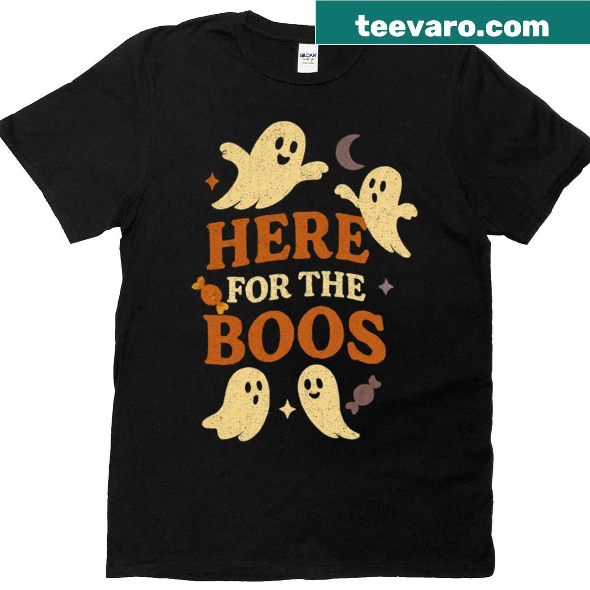 Funny ghost t-shirt with the phrase Here For The Boos for Halloween — on a men's t-shirt