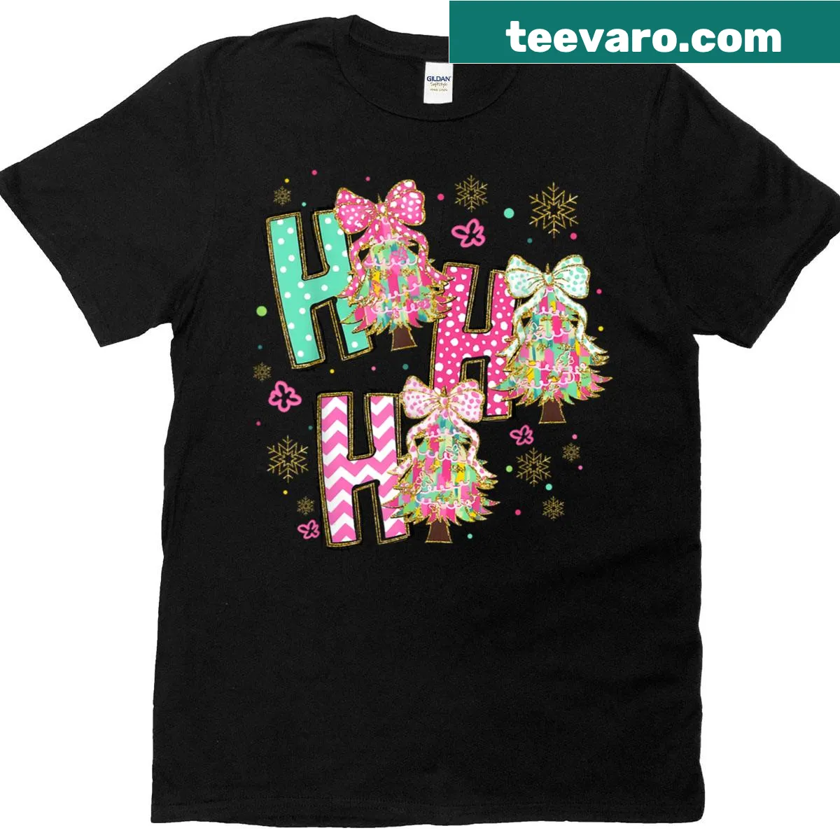 Christmas T-shirt with festive trees and bows, featuring cheerful holiday text — on a men's t-shirt