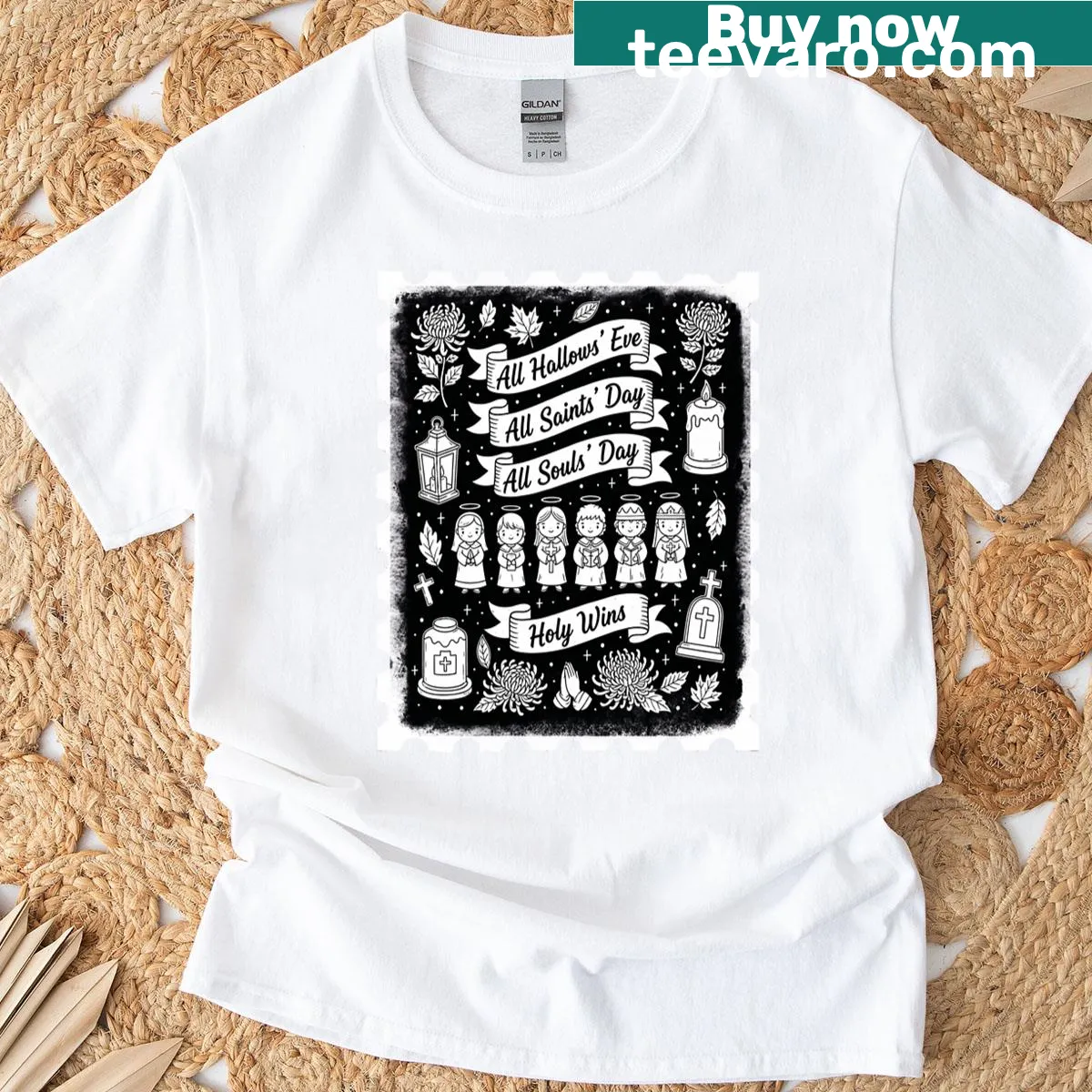 Doodle-style graphic celebrating All Saints Day and All Souls Day. — on a men's t-shirt