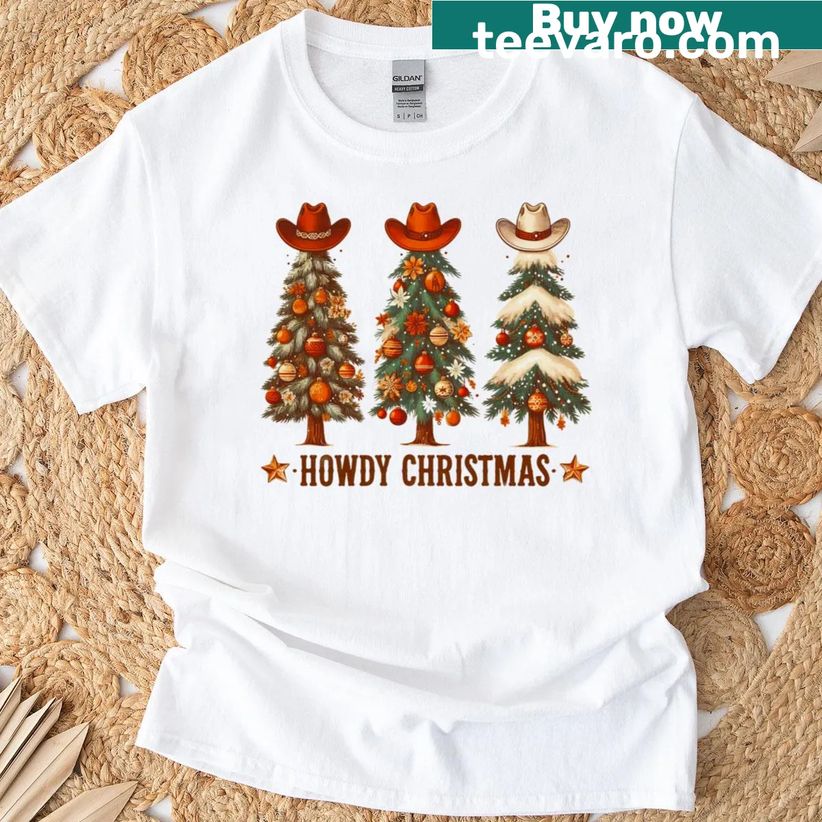 Graphic T-shirt with western trees and hats for Christmas — on a men's t-shirt