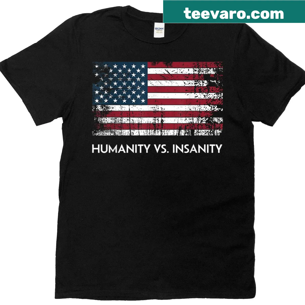 Distressed American flag t-shirt with Humanity Vs Insanity text — on a men's t-shirt