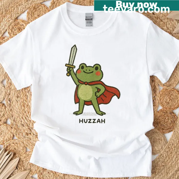 Funny T-shirt featuring a frog with a sword in a meme style