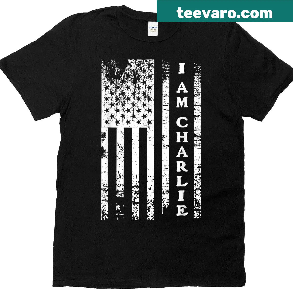 Distressed American flag t-shirt with 'I Am Charlie' text — on a men's t-shirt