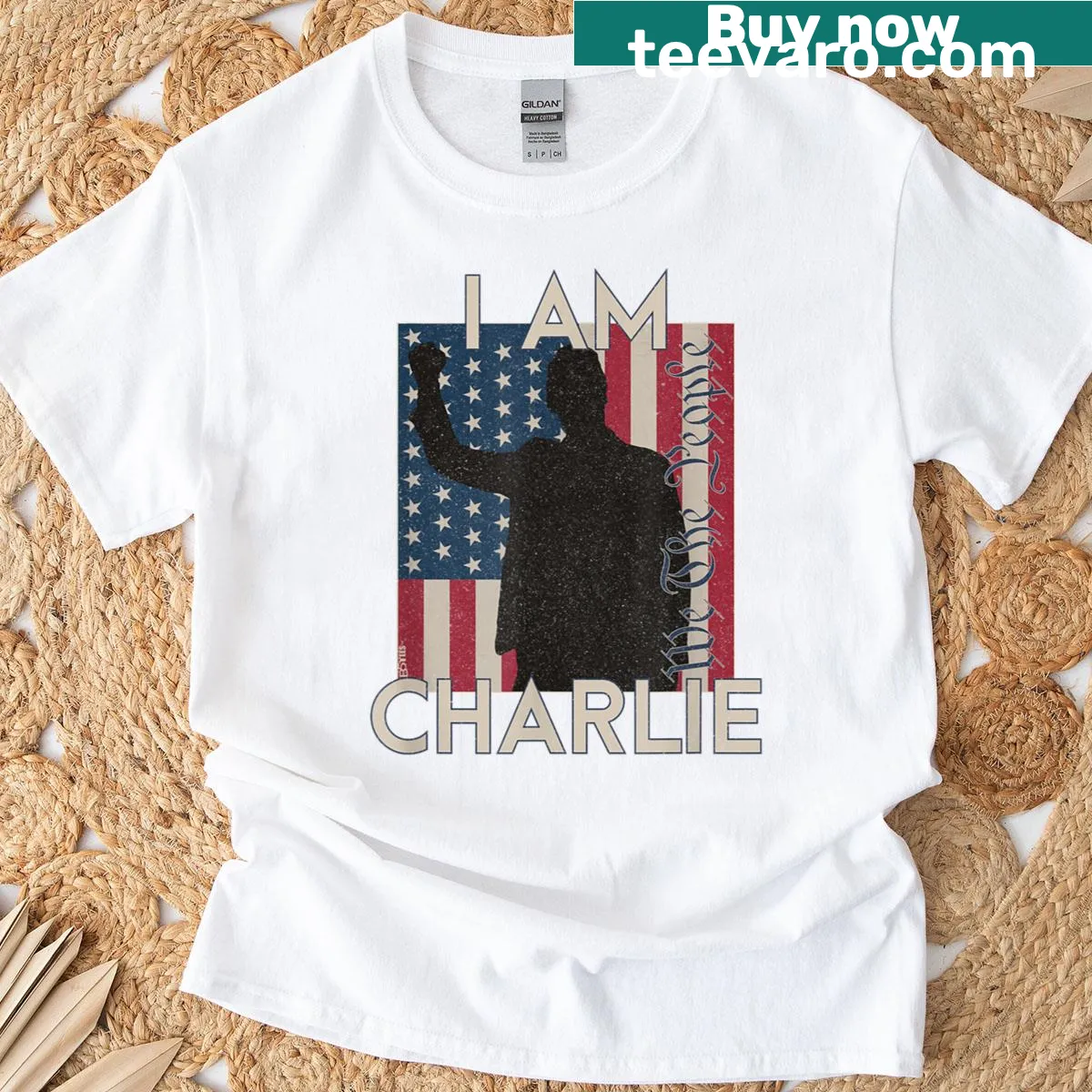 T-shirt featuring the text 'I Am Charlie' with an American flag background. — on a men's t-shirt
