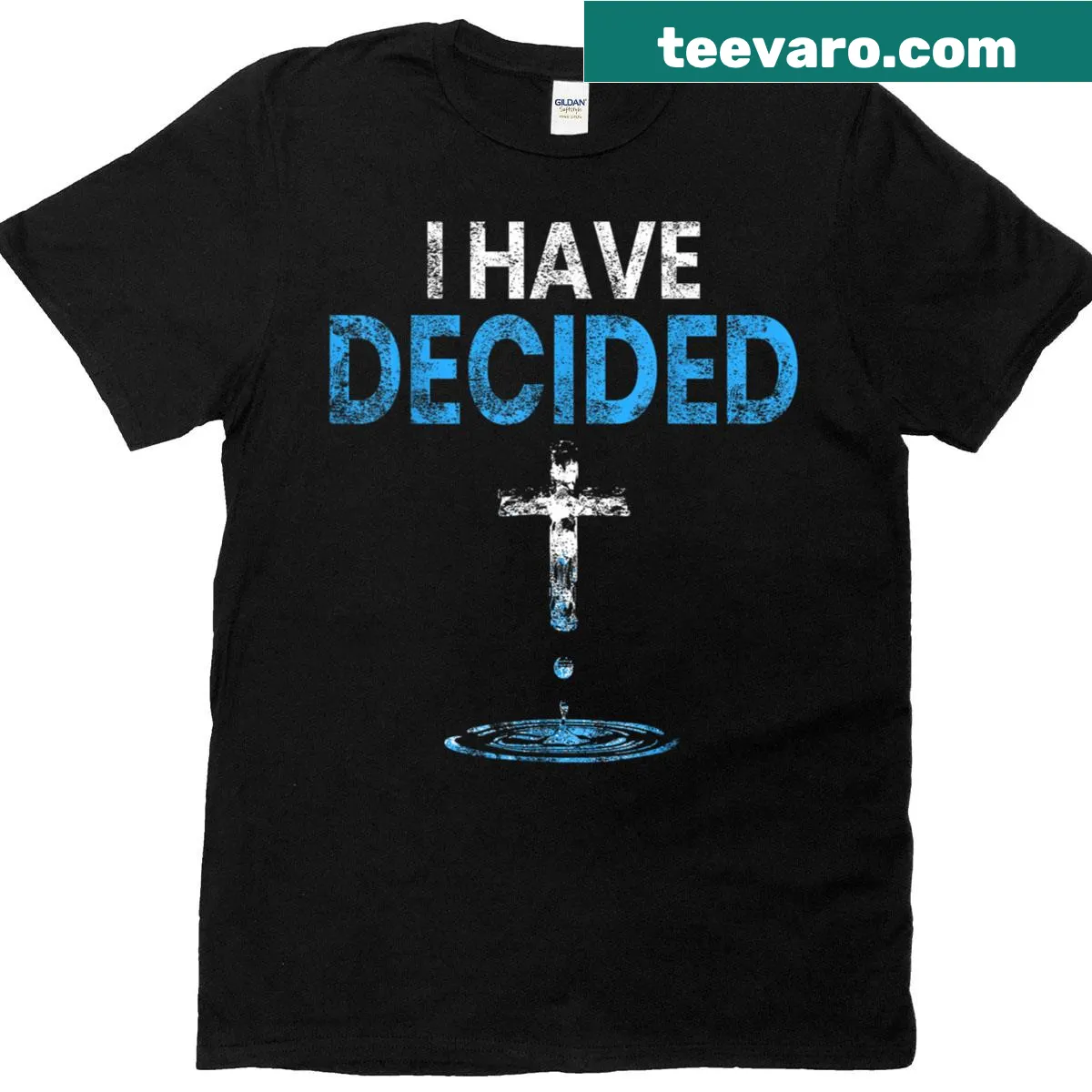 Christian baptism t-shirt featuring a cross and water imagery with text — on a men's t-shirt