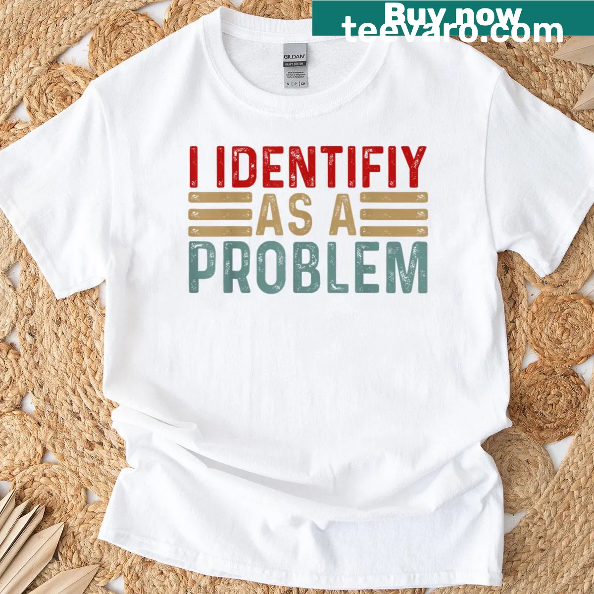 Funny retro t-shirt with the phrase 'I Identify As A Problem'. — on a men's t-shirt