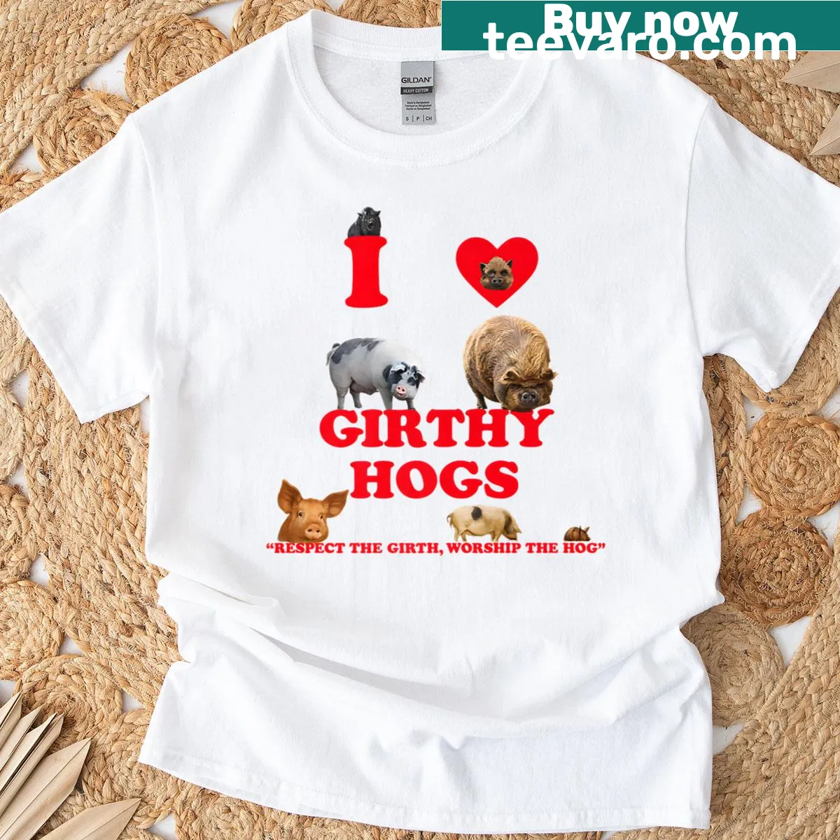 Humorous T-shirt featuring the phrase about girthy hogs. — on a men's t-shirt