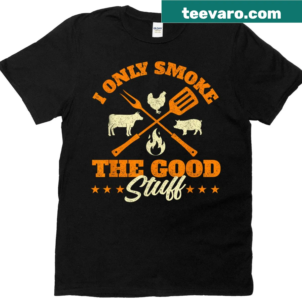 BBQ lover t-shirt with humorous quote about smoking good stuff — on a men's t-shirt