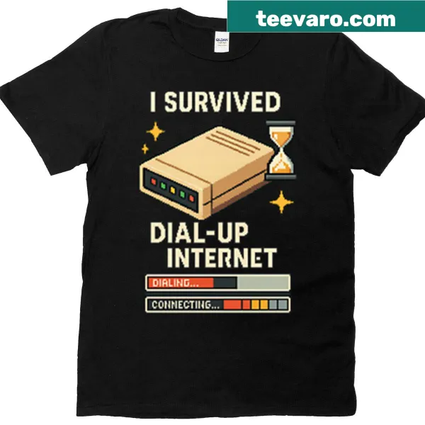 Retro modem pixel art t-shirt with 'I Survived Dial-up Internet' text