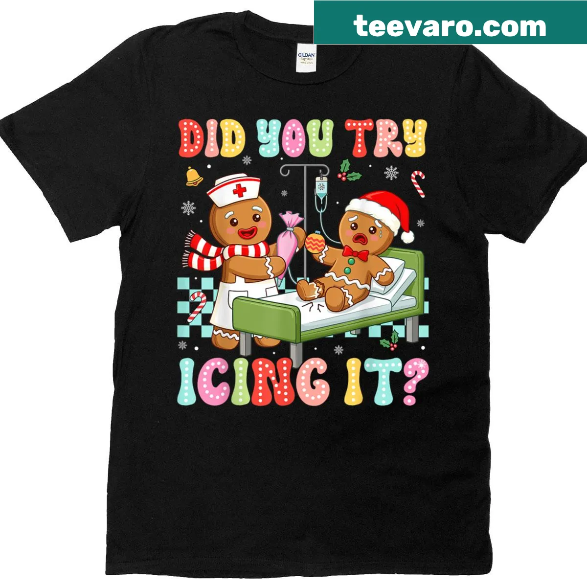 Retro Christmas T-shirt for ICU nurses with gingerbread graphic — on a men's t-shirt
