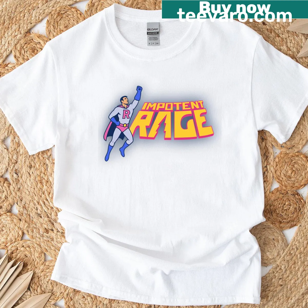Humorous T-shirt with text 'Impotent Rage' expressing frustration — on a men's t-shirt