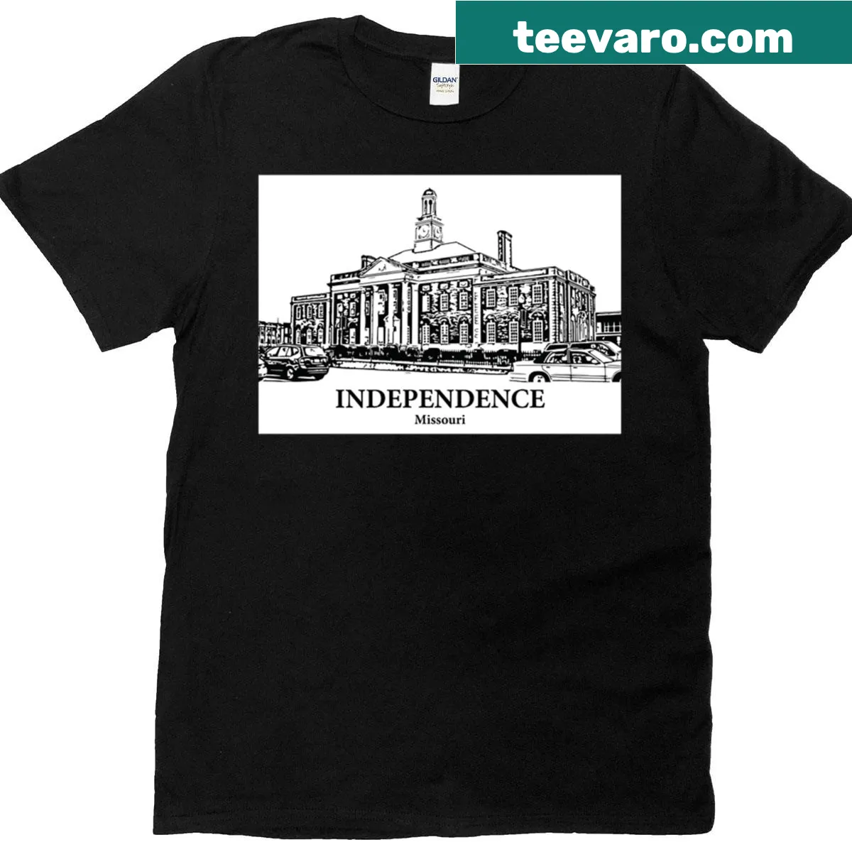 Typography design featuring Independence, Missouri on a T-shirt — on a men's t-shirt