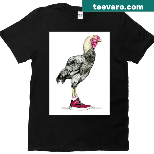 T-shirt with a playful illustration of a chicken in basketball shoes