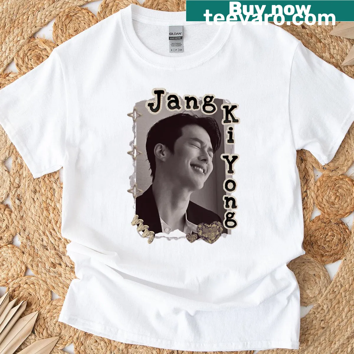 Vintage collage T-shirt featuring Jang Ki-yong in a scrapbook style — on a men's t-shirt