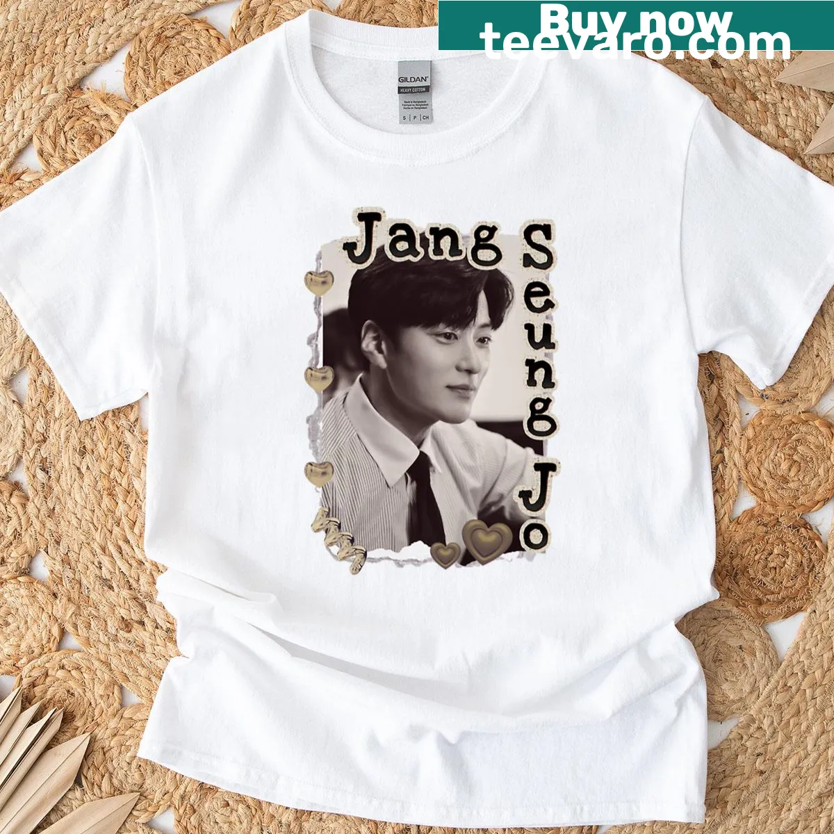 Vintage-style T-shirt showcasing a scrapbook collage of Jang Seung-jo. — on a men's t-shirt