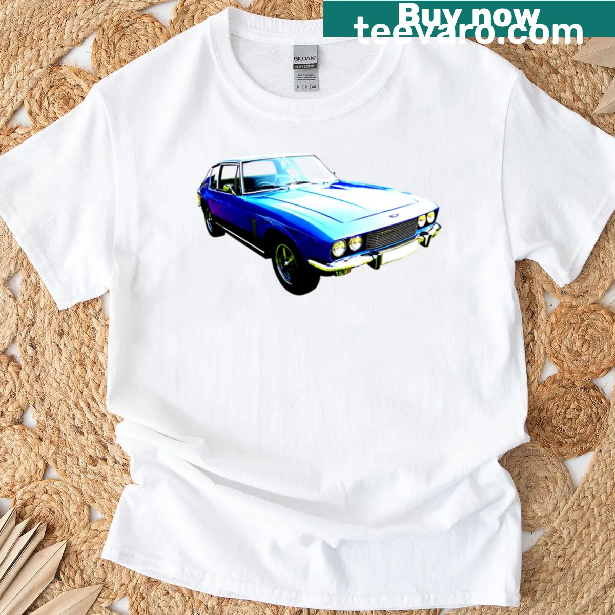 Oversized T-shirt featuring a front view of a 1970s Jensen Interceptor car. — on a men's t-shirt
