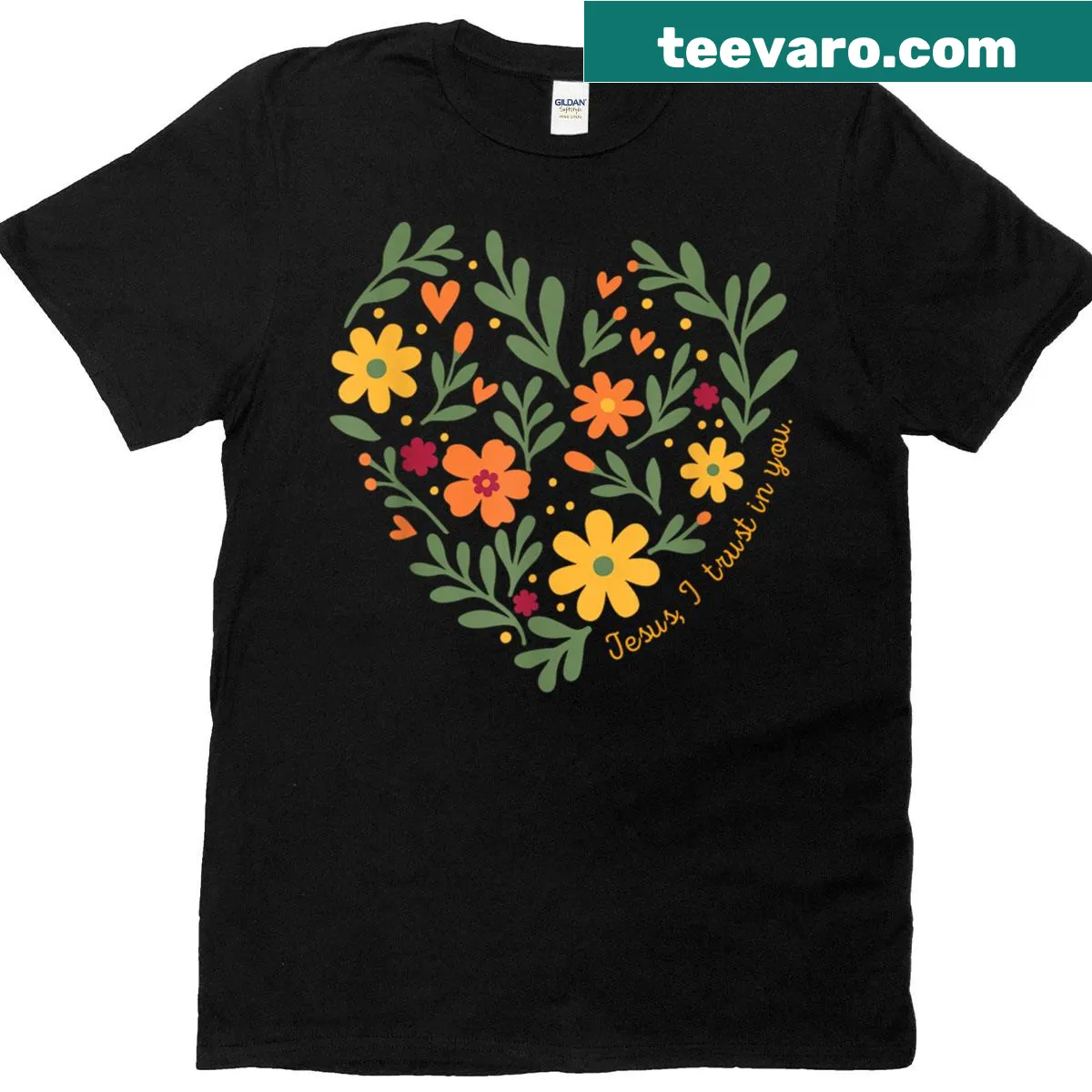 Heart and flower illustration with 'Jesus I Trust In You' on a women's t-shirt — on a men's t-shirt